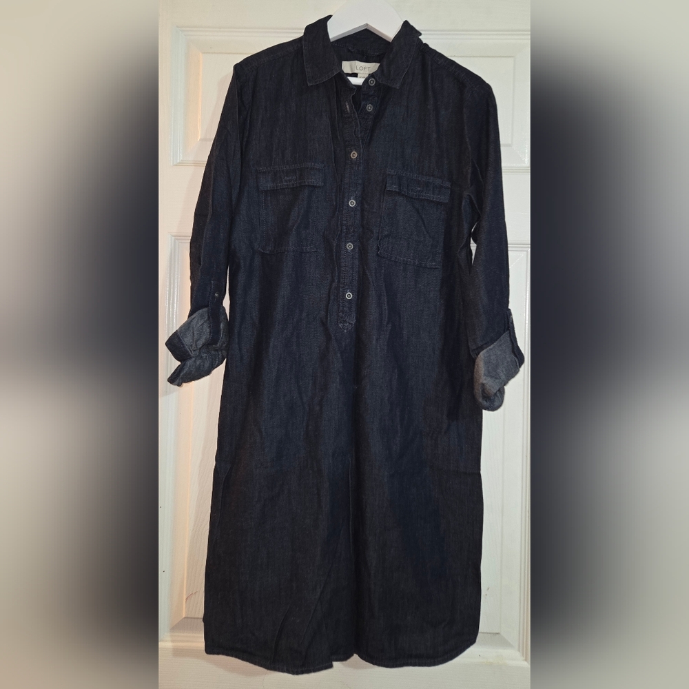Women's LOFT Dark Denim Button Down Tunic Dress Size Small Petite